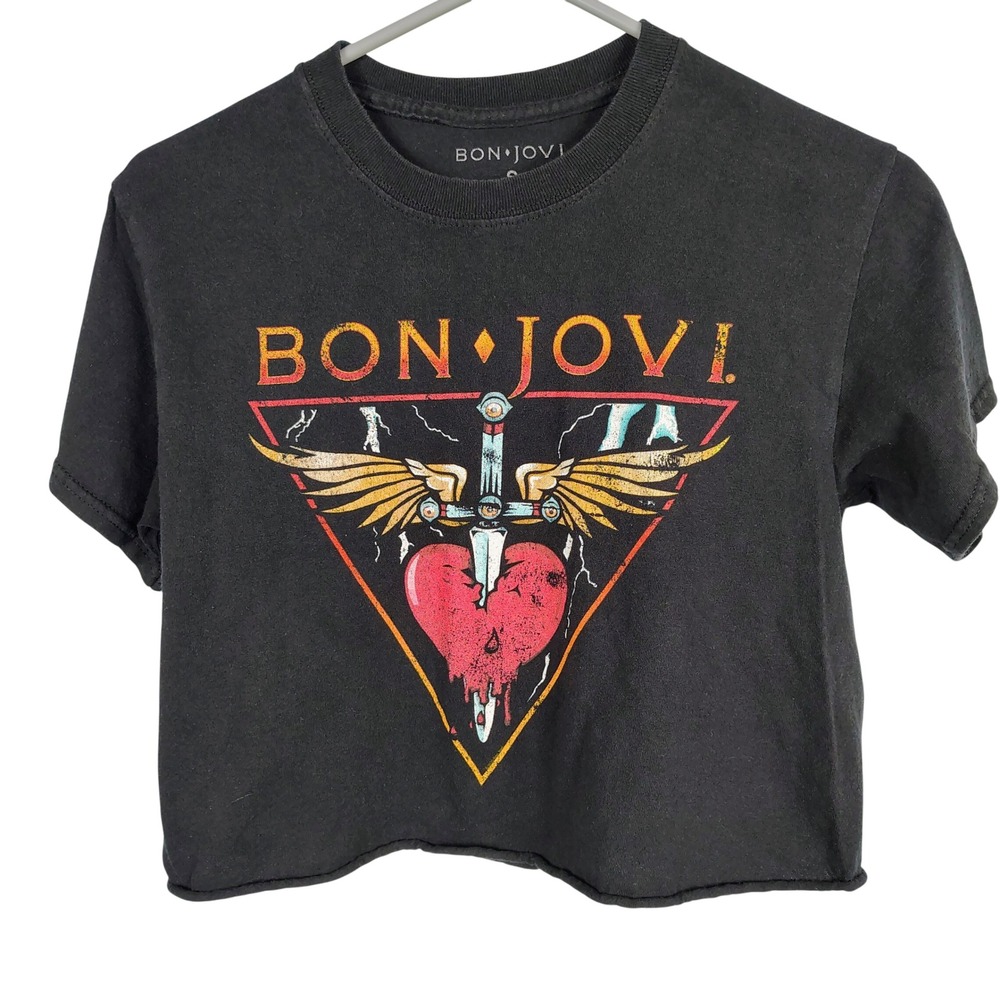Bon Jovi Womens SZ S Dagger Heart Graphic Crop Top Black Cotton Rock Y2K Grunge